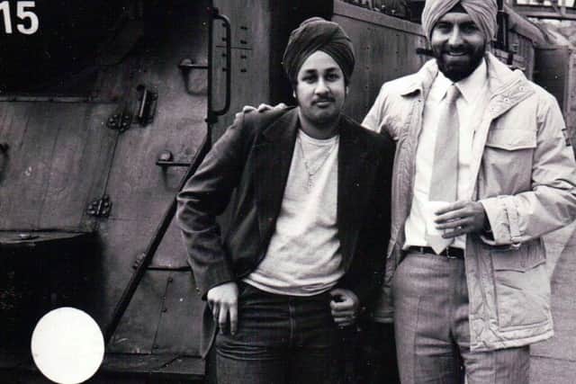 Del Singh, the 'turban expert' with Kabir Bedi, who played the film's henchman Gobinda. Del's own grey sixth-form turban features in the movie.