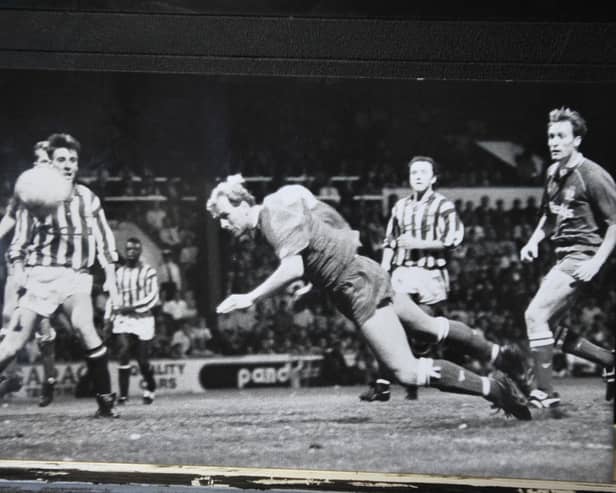 Steve Cooper scores the winning goal for Posh in a play-off semi-final at Huddersfield Town in 1992.