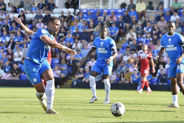 Poh striker Jonson Clarke-Harris was offside when he sent this shot wide of the Orient goal.  Photo: David Lowndes.