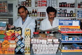 1980 - Brothers Adalat Khan and Amir Baz in the shop