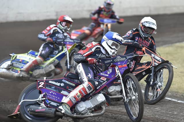 Ulrich Ostergaard leads heat 1 for Panthers in the meeting against Wolverhampton. Photo: David Lowndes.