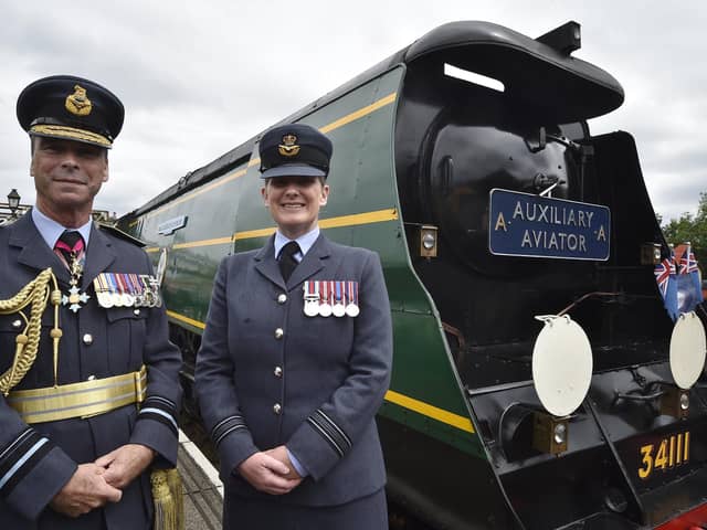 Air Vice Marshall Ranald Munro, Commander-in-Chief of the Royal Auxiliary Air Force, with Squadron Leader Kaye Slater.