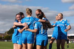 Posh Women celebrate a goal against Huddersfield Town. Photo Darren Wiles