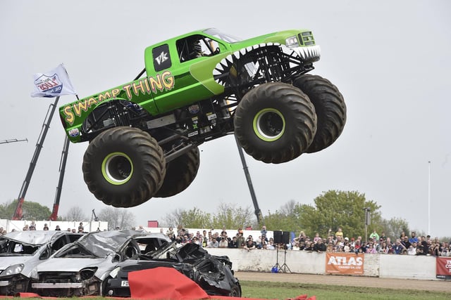 Truckfest 2023 at the East of England Arena.  Monster trucks demo in the main ring