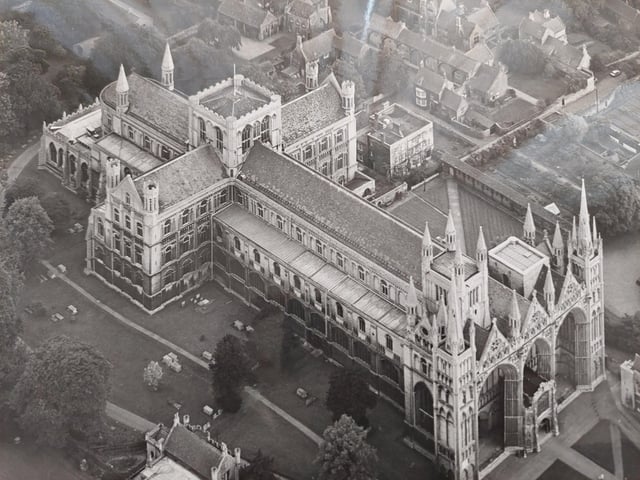 1984 - an aerial shot of Peterborough Cathedral showing the West Front