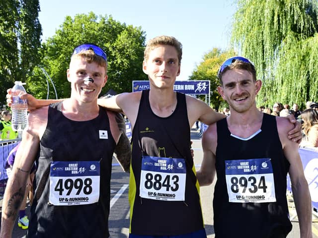 Great Eastern Run 2026 winner Julian Moynham with Josh Holby (2nd, left) and Amitti Ben-Israel (3rd)
