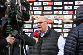 Steve Evans speaks to Sky Sports at the Posh v Stevenage match. Photo David Lowndes.