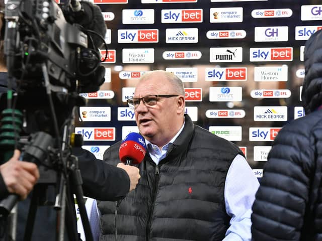 Steve Evans speaks to Sky Sports at the Posh v Stevenage match. Photo David Lowndes.