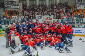 Phantoms celebrate their play-off final win at the Coventry Skydome. Photo Alan Storer.