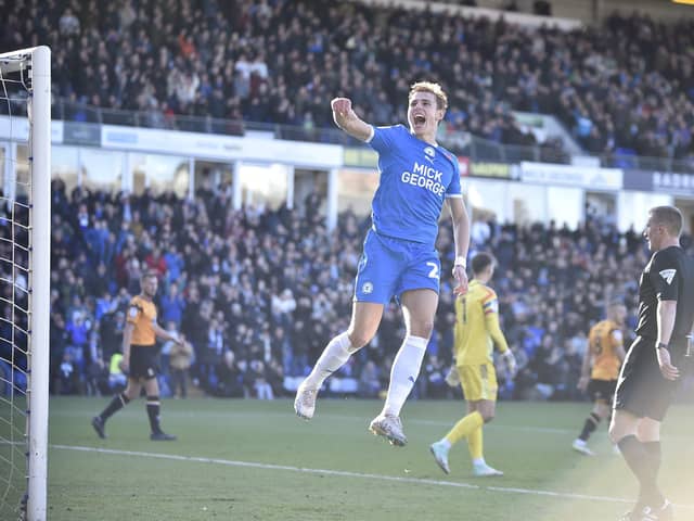 Hector Kyprianou celebrates one of the many Peterborough United goals. Photo: David Lowndes.
