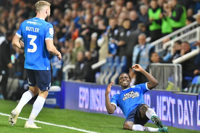 Kwame Poku after scoring his first Posh goal at home v Accrington Stanley. Photo David Lowndes.