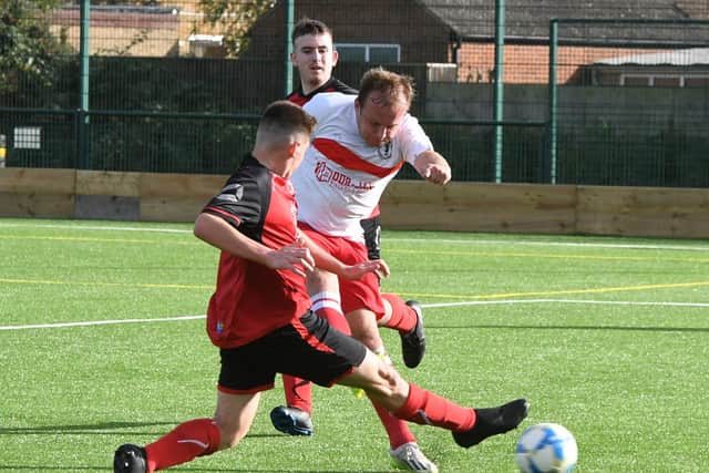 Northants County Cup action from Netherton Reserves v Polonia (white) at the Grange. Photo: David Lowndes.
