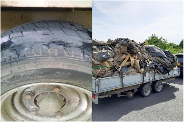This trailer only had five of its six tyres. One of its tyres was badly cracked and the load was not secure. Vehicle prohibited from driving.