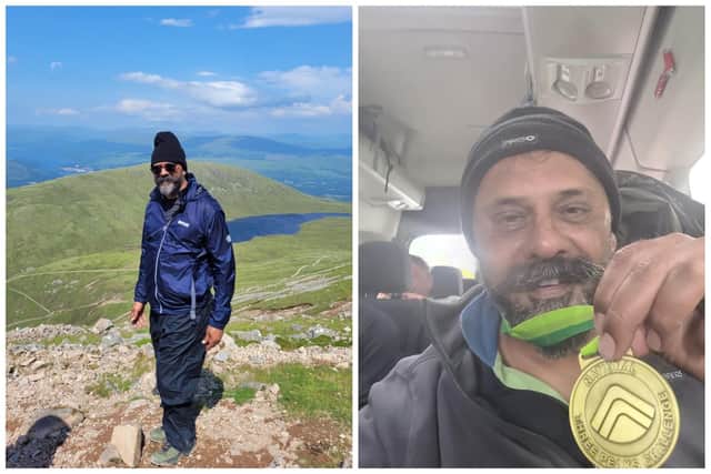 Dinesh Odedra taking part in the Three Peaks Challenge - and with his medal.