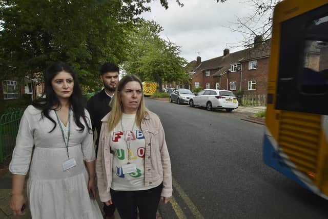 City councillors Shabina Qayyum, Numan Iqbal and Sam Hemraj at Saxon Road after reports of speeding motorists