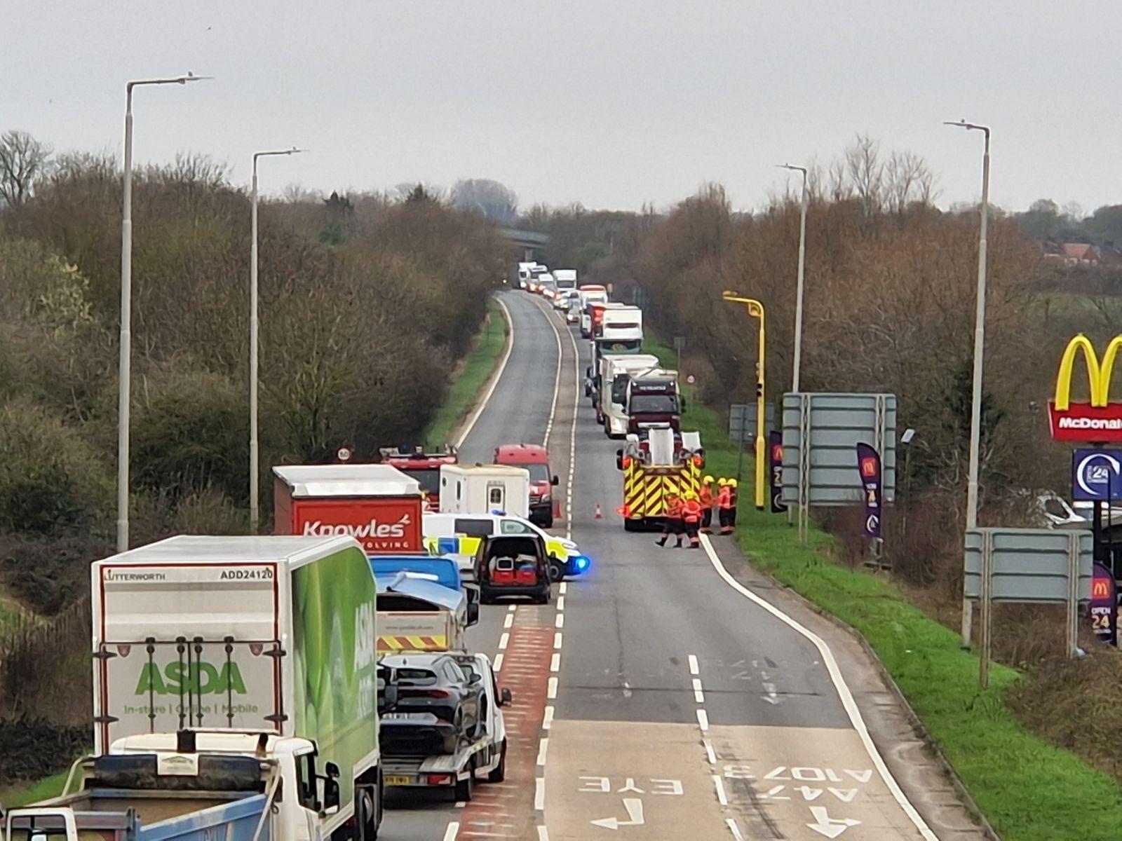 Long delays on A47 at Eye after horse box crashes into ditch