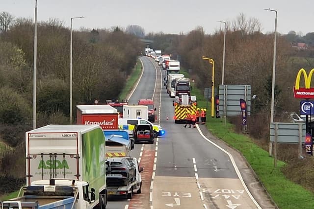 Long delays on A47 at Eye after horse box crashes into ditch