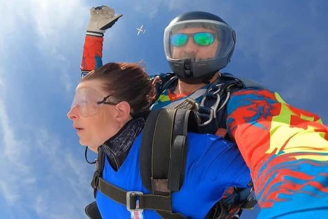 Kelly Hall mid-skydive