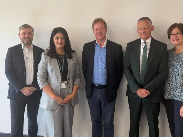 John Whetstone from Homes England, Councillor Shabina Qayyum, Mayor Paul Bristow, Adrian Chapman, Peterborough City Council’s Executive Director Place & Economy and Judith Barker, Combined Authority Executive Director for Place and Economy. Picture: Combined Authority.