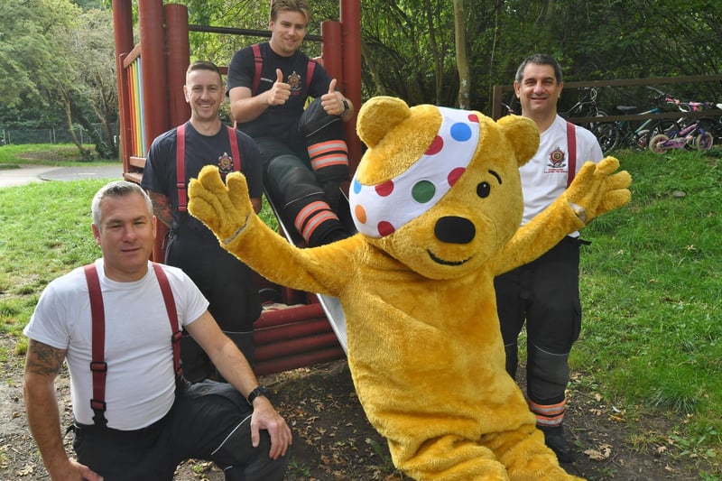 Pudsey with Peterborough Voluntary Fire Brigade firefighters  Mark Addinall, Jake Benton, Josh Berrisford and Anthony Gould.