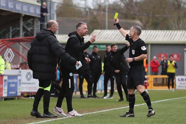 Darren Ferguson was booked for his aggressive protests against Joe Ward being forced to leave the field in the second half. Photo: Joe Dent.