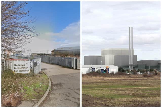 Right, this image how the Medworth waste to energy incinerator at Wisbech will look once completed. Left, protesters are opposed to the construction of the incinerator.