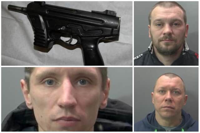 The three men who have been jailed and a machine gun found by police