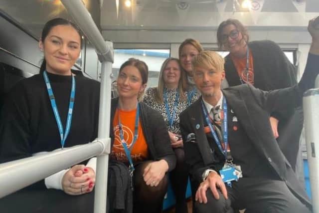 NHS workers aboard the the wellbeing bus.