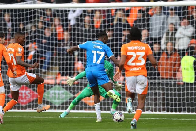 Ricky-Jade Jones scores for Posh at Blackpool. Photo: Joe Dent/theposh.com.