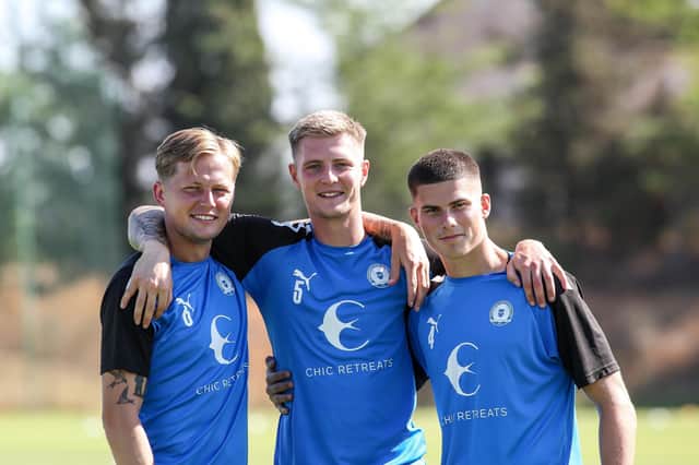 Ronnie Edwards (right) with fellow Posh centre-backs Frankie Kent (left) and Josh Knight in Portugal. Photo: Joe Dent/theposh.com.