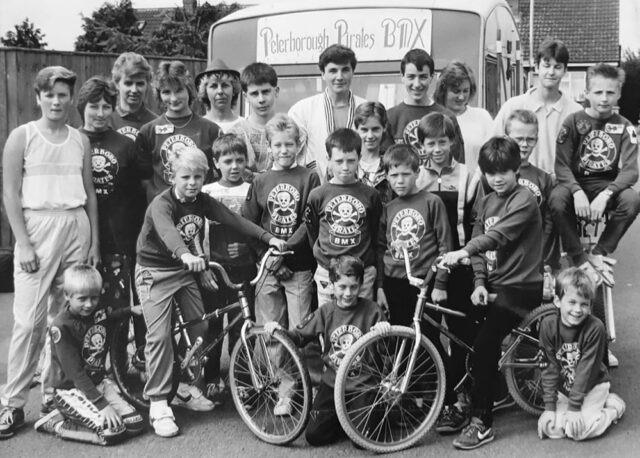 Members of the Peterborough Pirates BMX team based at Orton Malborne. The image probably dates to early 1980s just before they changed their name (image: Peterborough Images Archive).