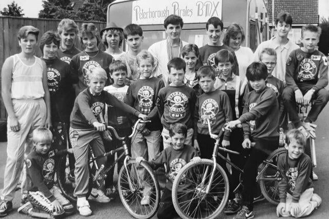Members of the Peterborough Pirates BMX team based at Orton Malborne. The image probably dates to early 1980s just before they changed their name (image: Peterborough Images Archive).