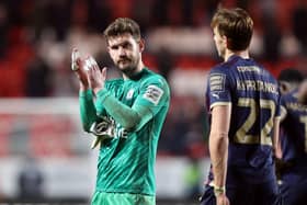 Jed Steer of Peterborough United acknowledges the Posh fans after his debut in a 2-1 win at Charlton earlier this month. Photo: Joe Dent/theposh.com.