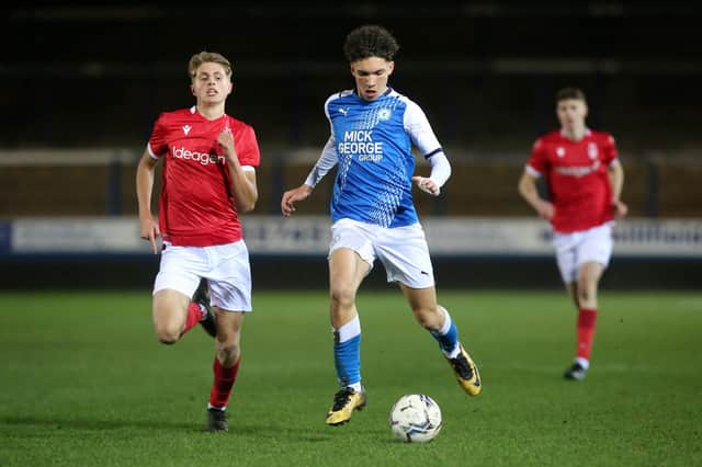 Oscar Tonge in action for Posh against Nottingham Forest in an FA Youth Cup tie last season. Photo: Joe Dent/theposh.com.