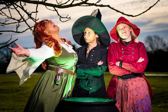 Suzanne Tuck as Granny Wearherwax, Jo Linford as Nanny Ogg and Chloe Milne as Magrat Garlick