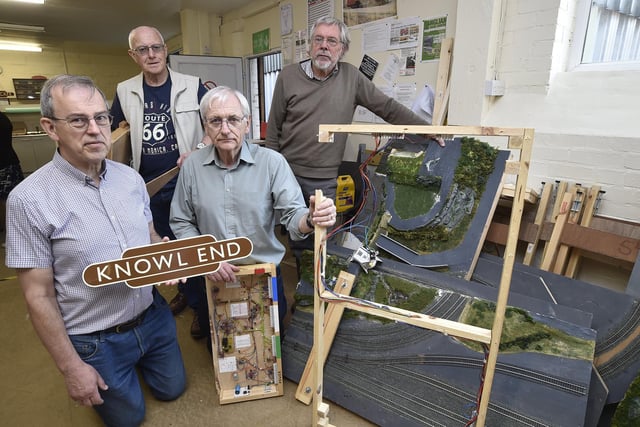 The club's annual exhibition was heavily vandalised in 2019. This photo remembers club members Brian Norris, Bill Sowerby, Peter Davies and Mick Quinn with their smashed models.