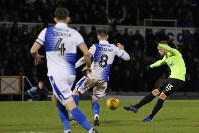 Joe Ward equalises at Bristol Rovers in the first match of Darren Ferguson's third spell as Posh boss. Photo: Joe Dent/theposh.com.