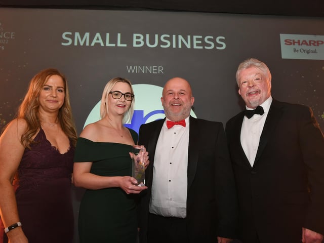 Small Business of the Year sponsor Karen Charlton from Sharp with winners Henson Crisp and Simon Weston