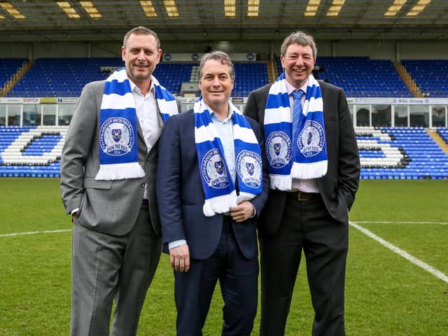 Peterborough United's three co-owners Darragh MacAnthony, Stewart Thompson and Jason Neale.