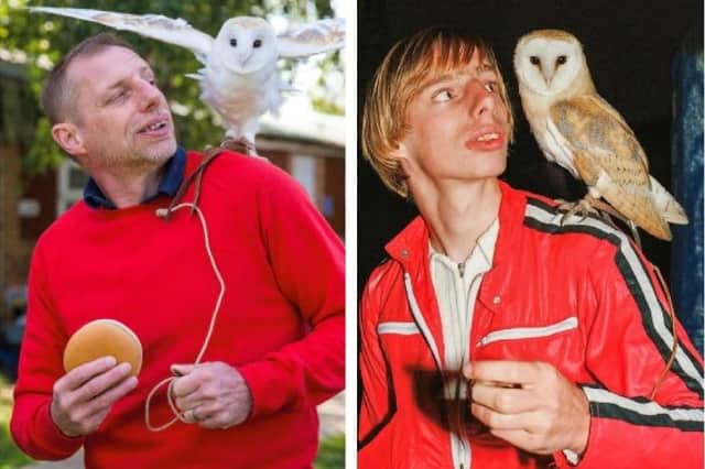 Joe Wright with Sparkle the barn owl in 2020 - and the original photo of Joe in 1984 with Rocky