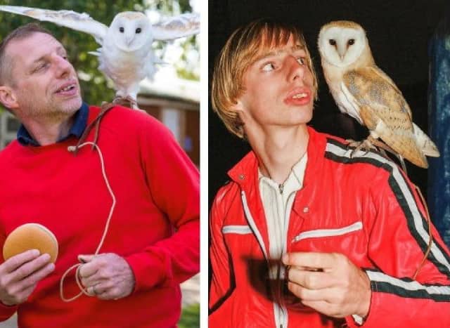Joe Wright with Sparkle the barn owl in 2020 - and the original photo of Joe in 1984 with Rocky
