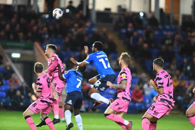 Nathan Thompson attacks a set-piece for Posh against Forest Green Rovers. Photo: David Lowndes.