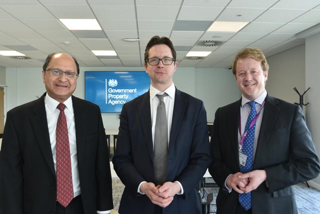 Cabinet Office minister Alex Burghart opens the Government Agency hub at Fletton Quays pictured with Shailesh Vara MP and Paul Bristow MP