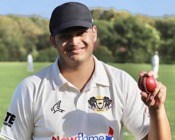 Aarav Roy after his 8-21 spell for Peterborough Town seconds against Kimbolton. Photo Andy Dann.