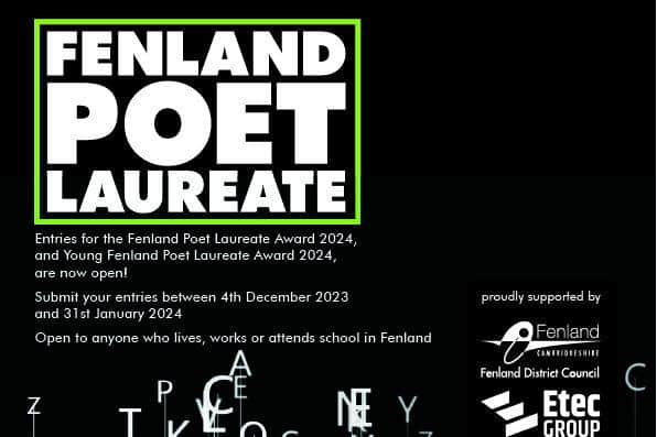Graphic for the Fenland Poet Laureate Award. Text reads: Entries for the Fenland Poet Laureate Award