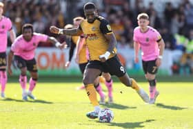 Omar Bogle scores from the penalty spot for Newport County v Northampton Town. Photo by Pete Norton/Getty Images.