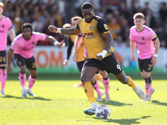 Omar Bogle scores from the penalty spot for Newport County v Northampton Town. Photo by Pete Norton/Getty Images.
