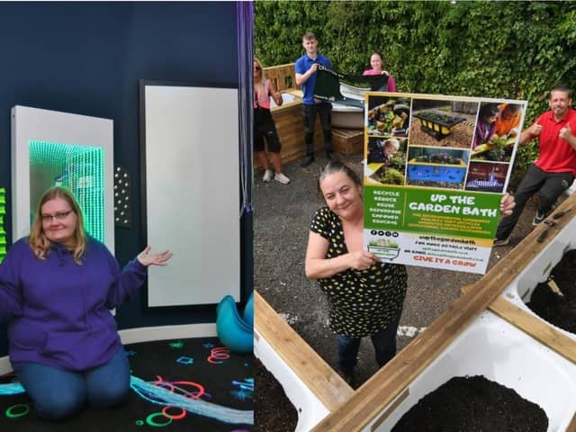 Michelle King in the Little Miracles sensory room (left) and Up The Garden bath building a new garden for residents of Lincoln House (right).