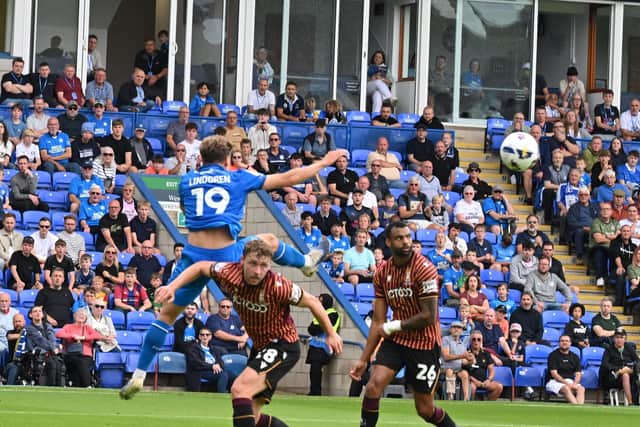 Gustav Lindgren in action for Posh against Bradford City. Photo David Lowndes.