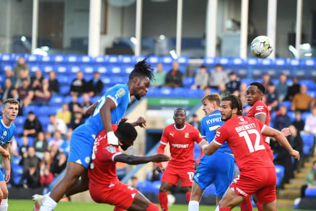 Peter Kioso's header from a corner flashed past a post. Photo: David Lowndes.